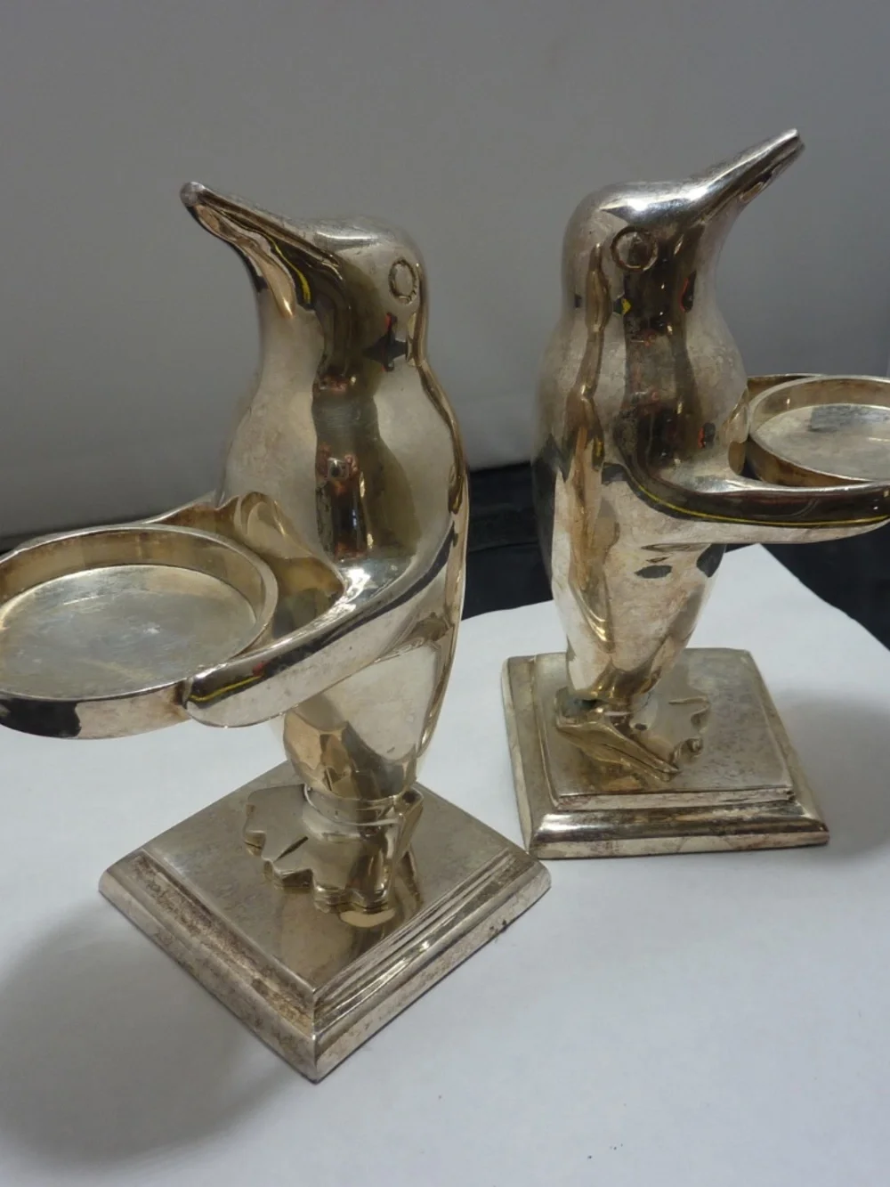 VTG Penguin Candle Holder Votive Set SILVER PLATED Metal Heavy Deco Bird Qty 2